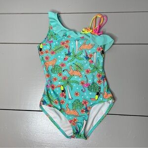 Cat & Jack Size M 7/8 Girls Rainforest Swimsuit One Shoulder Tropical Colorful